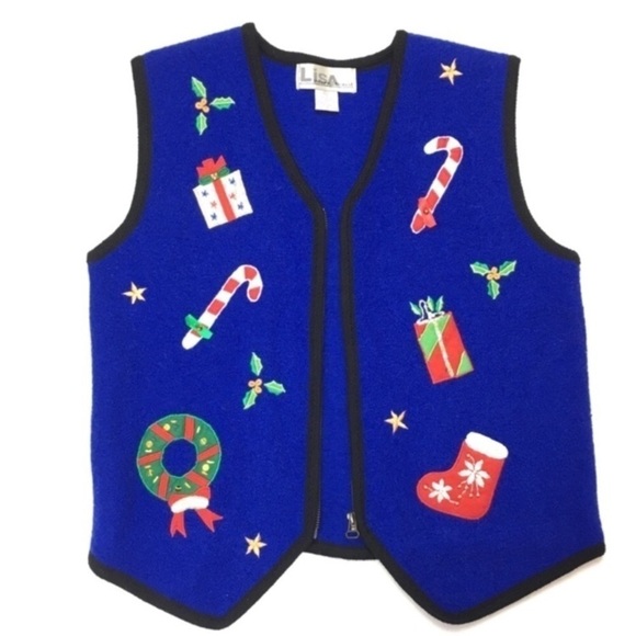 VINTAGE Christmas Vest 100% Boiled Wool Embroidered Zip Candy Canes Size Medium - Picture 3 of 9